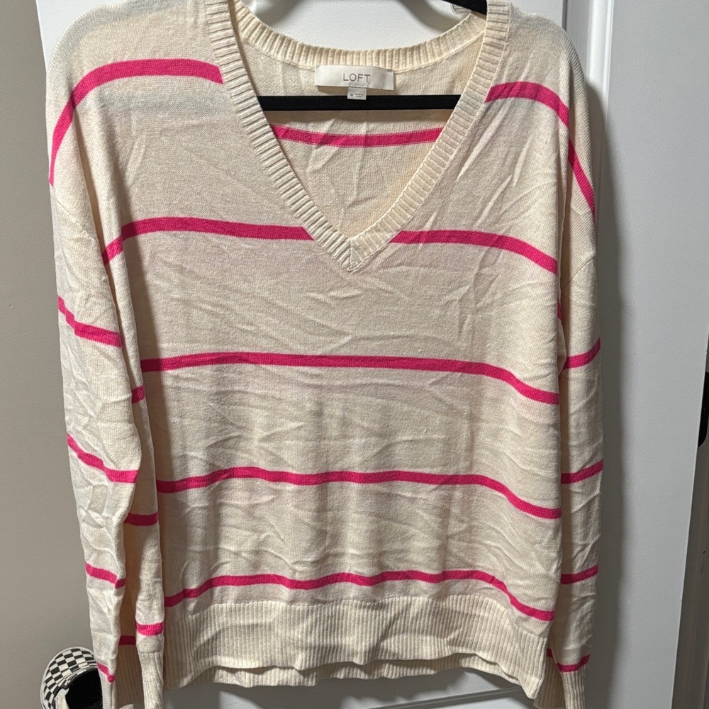 LOFT Women's Cream and Pink Striped Sweater Size Medium